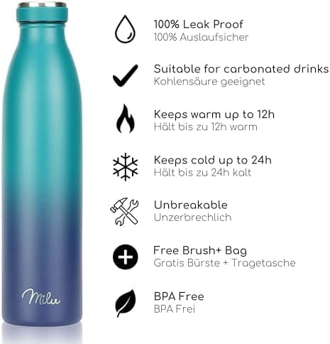Milu Edelstahl Trinkflasche für Erwachsene – 750ml Isolierflasche zum Tragen – auslaufsicher, Kohlensäuregerecht inkl. R