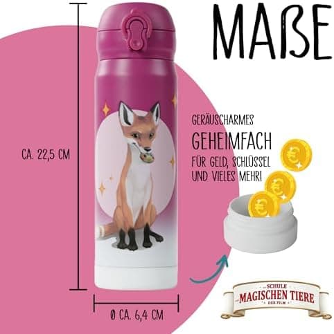 AWAVE Schule Magische Tiere Trinkflasche Kinder Edelstahl 380ml Blau Kohlensäure geeignet Thermosflasche Juri Einhandöff