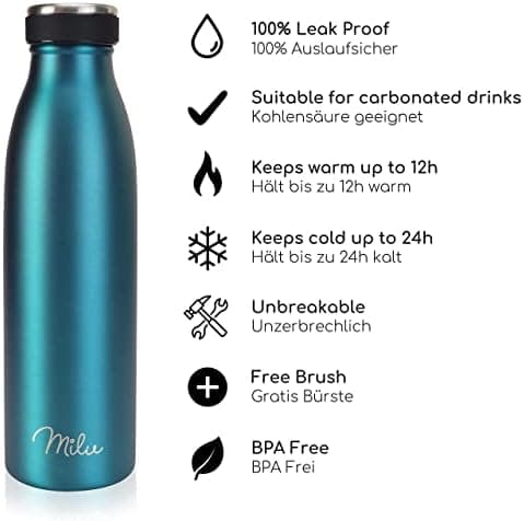 Milu Edelstahl Trinkflasche für Erwachsene – 750ml Isolierflasche zum Tragen – auslaufsicher, Kohlensäuregerecht inkl. R
