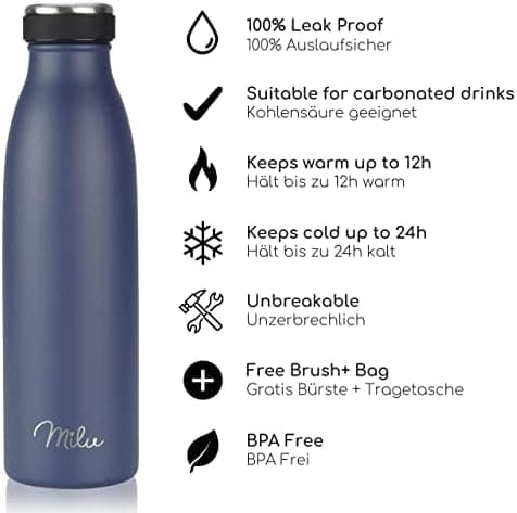 Milu Edelstahl Trinkflasche für Erwachsene – 750ml Isolierflasche zum Tragen – auslaufsicher, Kohlensäuregerecht inkl. R