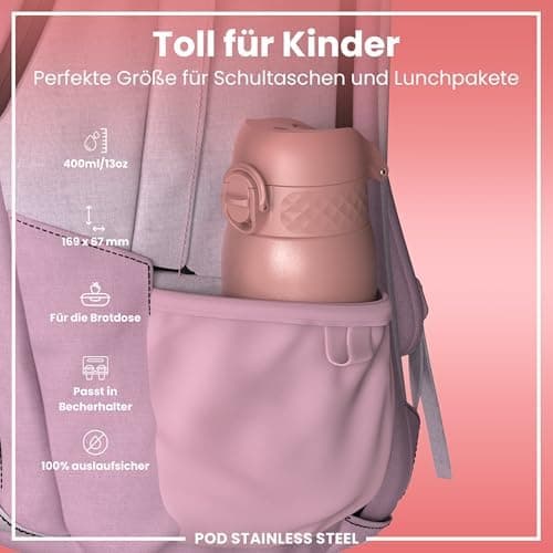 ion8 Kinder Trinkflasche Edelstahl 400ml Nicht Isoliert Sichere Verriegelung Spülmaschinenfest Klappdeckel Leicht zu Rei
