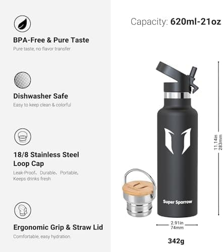 Super Sparrow Trinkflasche Edelstahl - Auslaufsicher Thermoskanne - Kinder für Sprudel, Sport, Schule, Fitness - 500ml -