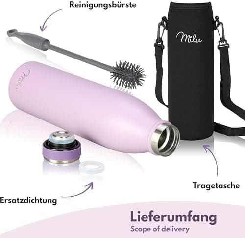 Milu Edelstahl Trinkflasche für Erwachsene – 750ml Isolierflasche zum Tragen – auslaufsicher, Kohlensäuregerecht inkl. R