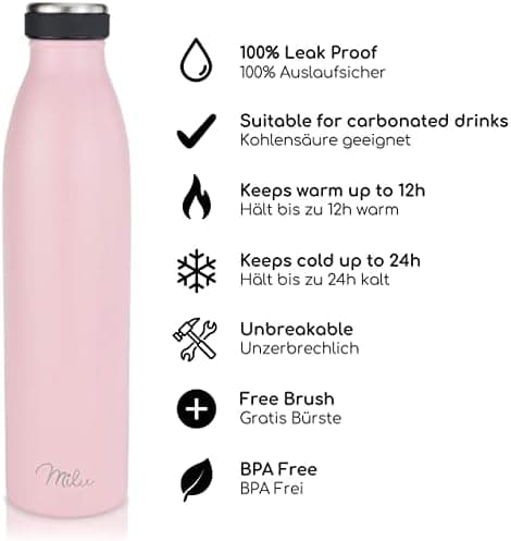 Milu Edelstahl Trinkflasche für Erwachsene – 750ml Isolierflasche zum Tragen – auslaufsicher, Kohlensäuregerecht inkl. R