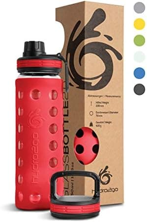 Hydro2go Glas-Trinkflasche mit Silikonhülle – Spülmaschinenfest, 100% Auslaufsicher & BPA-frei – Ideal für Kinder & Fami