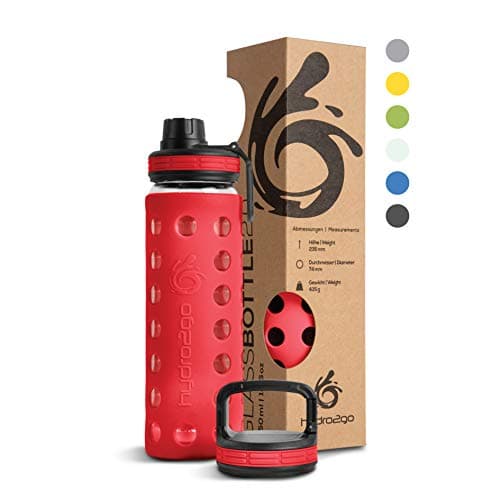 Hydro2go Glas-Trinkflasche mit Silikonhülle – Spülmaschinenfest, 100% Auslaufsicher & BPA-frei – Ideal für Kinder & Fami
