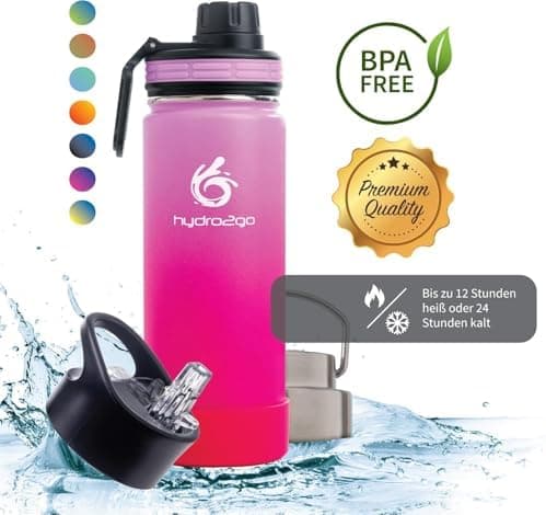 hydro2go Edelstahl Trinkflasche Mit Strohhalm, Bpa-Frei, Isolierflasche Für Kinder, Sport & Outdoor, 12h Heiß 24h Kalt H