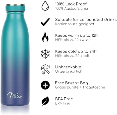 Milu Edelstahl Trinkflasche für Erwachsene – 750ml Isolierflasche zum Tragen – auslaufsicher, Kohlensäuregerecht inkl. R