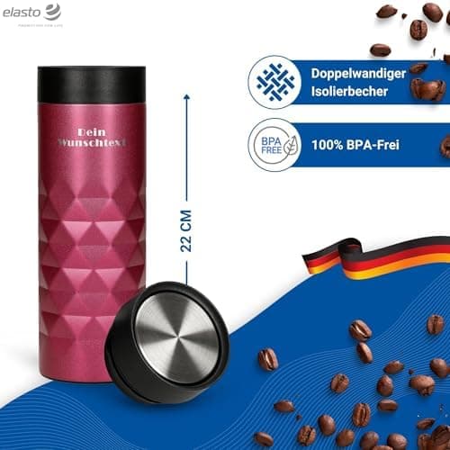 Thermobecher personalisiert 450 ml - auslaufsicherer Edelstahl to go Becher - Kaffeebecher für Büro, Auto und Uni - hält