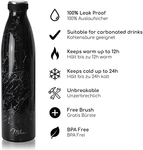 Milu Edelstahl Trinkflasche für Erwachsene – 750ml Isolierflasche zum Tragen – auslaufsicher, Kohlensäuregerecht inkl. R