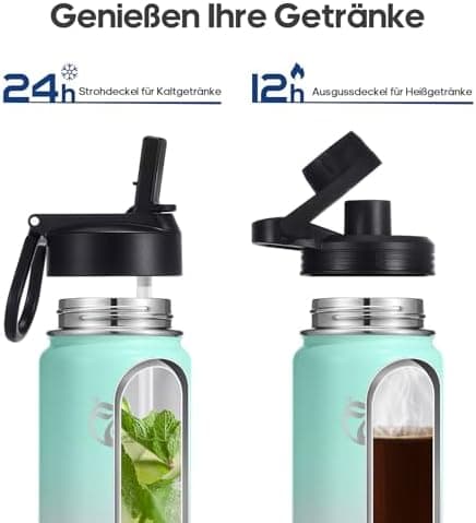 HydroPal Edelstahl Trinkflasche - Isolierte Flasche mit Strohhalm & 2 Deckeln, Auslaufsichere Isolierung für Sport, 500m
