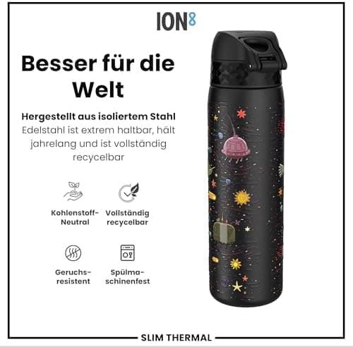 ion8 Leicht Stahl-Trinkflasche, 600 ml, Auslaufsicher, EineHandöffnung, Verriegelungsfunktion, Spülmaschinenfest, Klappd