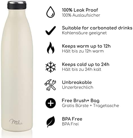 Milu Edelstahl Trinkflasche für Erwachsene – 750ml Isolierflasche zum Tragen – auslaufsicher, Kohlensäuregerecht inkl. R