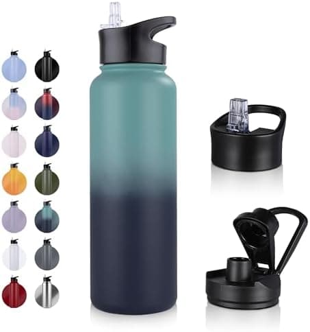 Edelstahl Trinkflasche - 1L - mit Strohhalm, BPA frei Thermosflasche,Vakuum Doppelwandisolierung für Sport,Schule und Fa