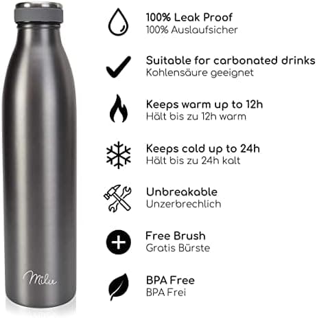 Milu Edelstahl Trinkflasche für Erwachsene – 750ml Isolierflasche zum Tragen – auslaufsicher, Kohlensäuregerecht inkl. R