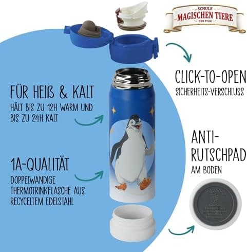 AWAVE Schule Magische Tiere Trinkflasche Kinder Edelstahl 380ml Blau Kohlensäure geeignet Thermosflasche Juri Einhandöff