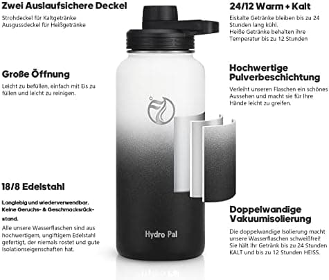 HydroPal Edelstahl Trinkflasche - Isolierte Flasche mit Strohhalm & 2 Deckeln, Auslaufsichere Isolierung für Sport, 500m