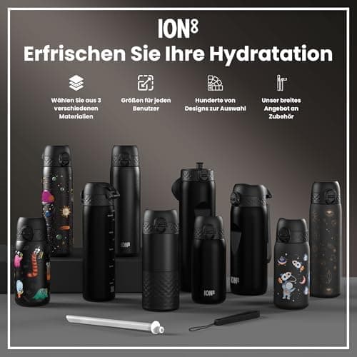 ion8 Leicht Stahl-Trinkflasche, 600 ml, Auslaufsicher, EineHandöffnung, Verriegelungsfunktion, Spülmaschinenfest, Klappd