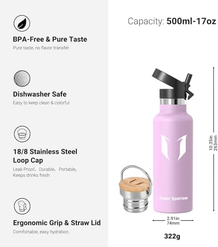 Super Sparrow Trinkflasche Edelstahl - Auslaufsicher Thermoskanne - Kinder für Sprudel, Sport, Schule, Fitness - 500ml -