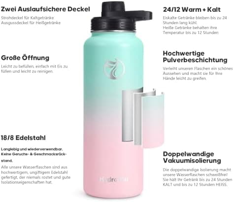 HydroPal Edelstahl Trinkflasche - Isolierte Flasche mit Strohhalm & 2 Deckeln, Auslaufsichere Isolierung für Sport, 500m