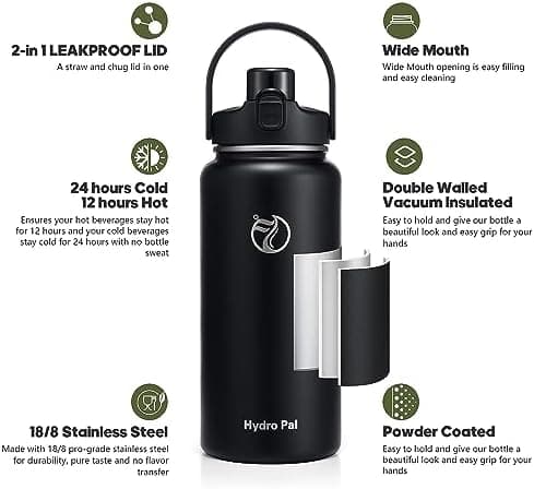 HydroPal Trinkflasche Edelstahl - 1900ml mit Henkel für Fitness, BPA-Frei, flasche Metall, Aesthetic trinkflasche Mitter