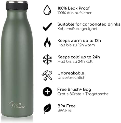 Milu Edelstahl Trinkflasche für Erwachsene – 750ml Isolierflasche zum Tragen – auslaufsicher, Kohlensäuregerecht inkl. R