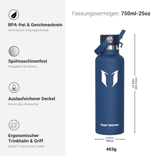 Super Sparrow Thermobecher für Sport und Outdoor - 500ml, 750ml - BPA-Frei, ClimatePartner certified - FlipFlow Trinkfla