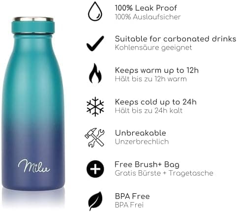 Milu Edelstahl Trinkflasche für Erwachsene – 750ml Isolierflasche zum Tragen – auslaufsicher, Kohlensäuregerecht inkl. R