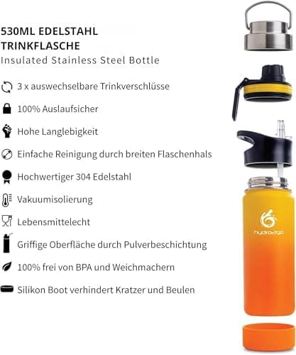 hydro2go Edelstahl Trinkflasche Mit Strohhalm, Bpa-Frei, Isolierflasche Für Kinder, Sport & Outdoor, 12h Heiß 24h Kalt H
