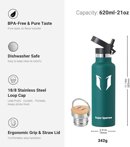 Super Sparrow Trinkflasche Edelstahl - Auslaufsicher Thermoskanne - Kinder für Sprudel, Sport, Schule, Fitness - 500ml -