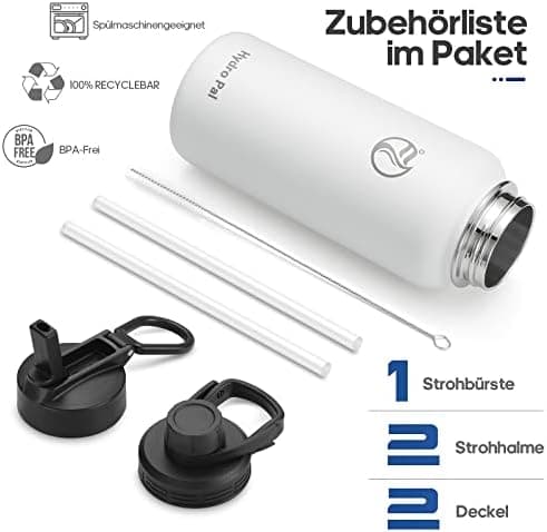 HydroPal Edelstahl Trinkflasche - Isolierte Flasche mit Strohhalm & 2 Deckeln, Auslaufsichere Isolierung für Sport, 500m