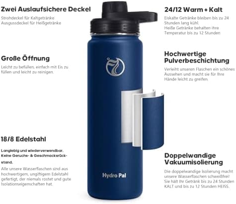 HydroPal Edelstahl Trinkflasche - Isolierte Flasche mit Strohhalm & 2 Deckeln, Auslaufsichere Isolierung für Sport, 500m