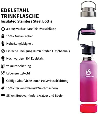 hydro2go Edelstahl Trinkflasche Mit Strohhalm, Bpa-Frei, Isolierflasche Für Kinder, Sport & Outdoor, 12h Heiß 24h Kalt H