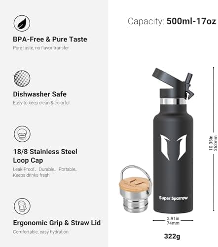 Super Sparrow Trinkflasche Edelstahl - Auslaufsicher Thermoskanne - Kinder für Sprudel, Sport, Schule, Fitness - 500ml -