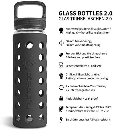 Hydro2go Glas-Trinkflasche mit Silikonhülle – Spülmaschinenfest, 100% Auslaufsicher & BPA-frei – Ideal für Kinder & Fami