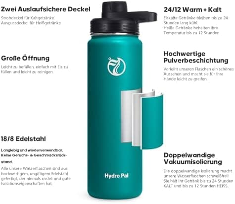 HydroPal Edelstahl Trinkflasche - Isolierte Flasche mit Strohhalm & 2 Deckeln, Auslaufsichere Isolierung für Sport, 500m