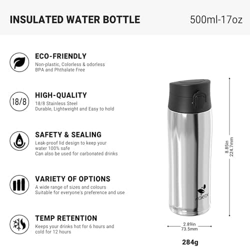 AORIN Trinkflasche Edelstahl 18/8, 500ml, BPA-Frei, Doppelwandig Isolierflasche für Sport, Schule und Outdooraktivitäten