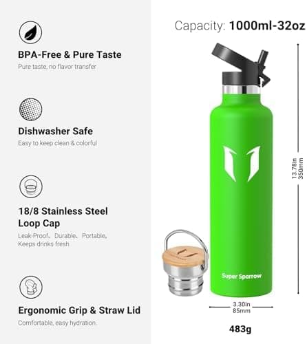 Super Sparrow Trinkflasche Edelstahl - Auslaufsicher Thermoskanne - Kinder für Sprudel, Sport, Schule, Fitness - 500ml -