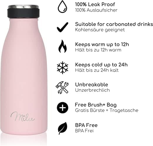 Milu Edelstahl Trinkflasche für Erwachsene – 750ml Isolierflasche zum Tragen – auslaufsicher, Kohlensäuregerecht inkl. R