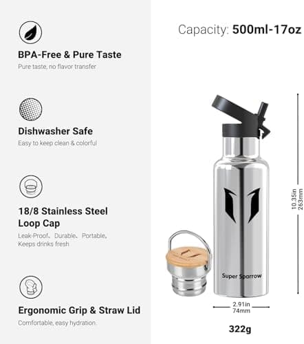 Super Sparrow Trinkflasche Edelstahl - Auslaufsicher Thermoskanne - Kinder für Sprudel, Sport, Schule, Fitness - 500ml -