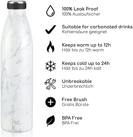 Milu Edelstahl Trinkflasche für Erwachsene – 750ml Isolierflasche zum Tragen – auslaufsicher, Kohlensäuregerecht inkl. R