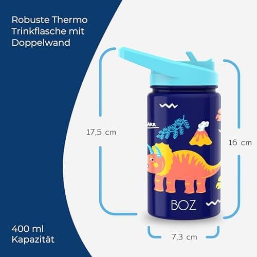 BOZ Isolierte Wasserflasche für Kinder | Edelstahl, doppelwandig, 414 ml | Praktisch und bequem mit Strohhalm-Deckel
