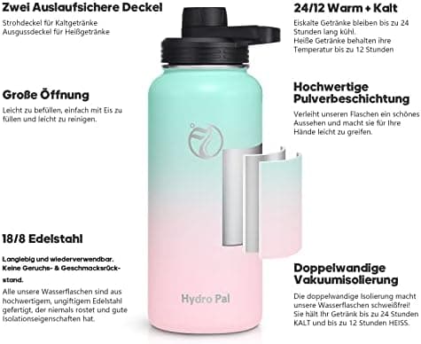 HydroPal Edelstahl Trinkflasche - Isolierte Flasche mit Strohhalm & 2 Deckeln, Auslaufsichere Isolierung für Sport, 500m