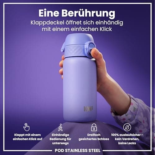 ion8 Kinder Trinkflasche Edelstahl 400ml Nicht Isoliert Sichere Verriegelung Spülmaschinenfest Klappdeckel Leicht zu Rei