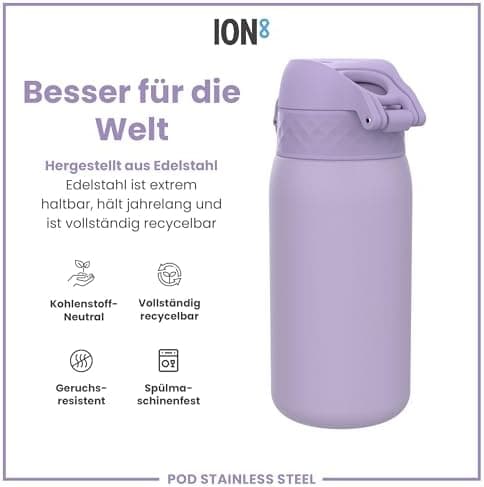 ion8 Kinder Trinkflasche Edelstahl 400ml Nicht Isoliert Sichere Verriegelung Spülmaschinenfest Klappdeckel Leicht zu Rei