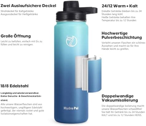 HydroPal Edelstahl Trinkflasche - Isolierte Flasche mit Strohhalm & 2 Deckeln, Auslaufsichere Isolierung für Sport, 500m