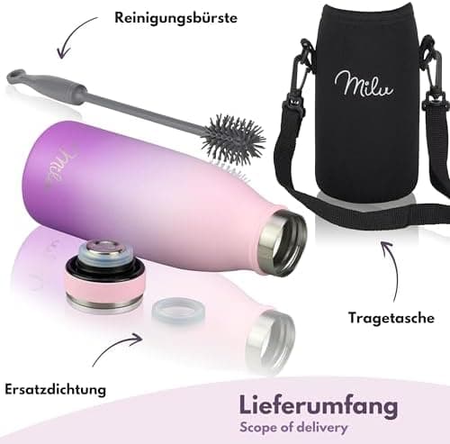 Milu Edelstahl Trinkflasche für Erwachsene – 750ml Isolierflasche zum Tragen – auslaufsicher, Kohlensäuregerecht inkl. R