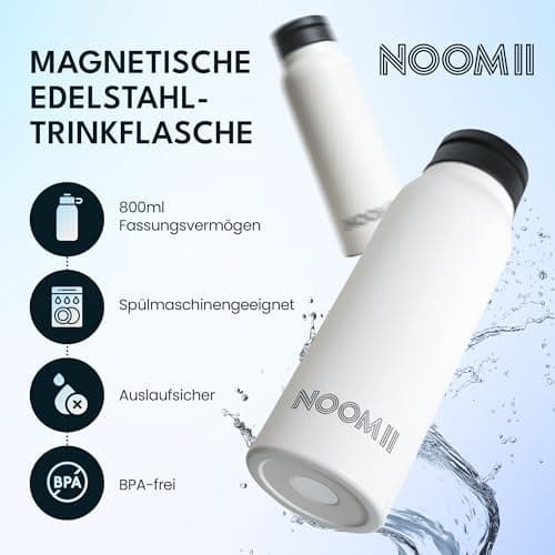 NooMii Edelstahl Trinkflasche – 800ml Wasserflasche mit magnetischem Deckel & Strohhalm - Ideal für Büro & Sport (Schwar