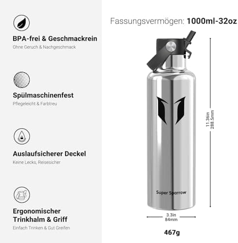 Super Sparrow Thermobecher für Sport und Outdoor - 500ml, 750ml - BPA-Frei, ClimatePartner certified - FlipFlow Trinkfla