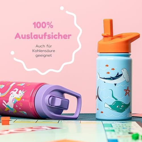 BOZ Isolierte Wasserflasche für Kinder | Edelstahl, doppelwandig, 414 ml | Praktisch und bequem mit Strohhalm-Deckel
